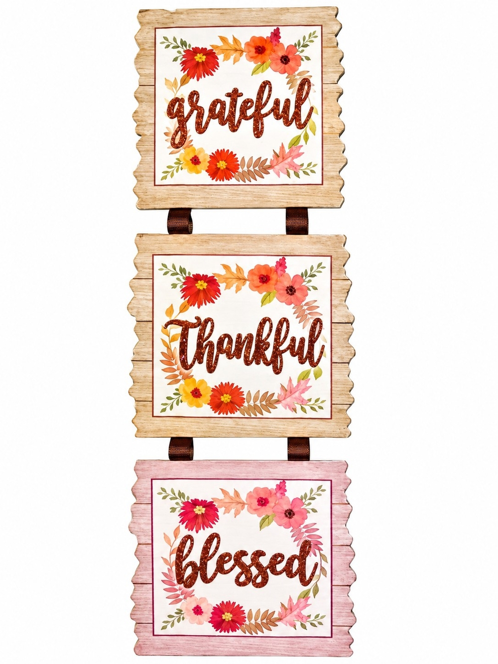 Grateful Thankful Blessed Wall Hanging - Floral Pink & Brown Home Sign
